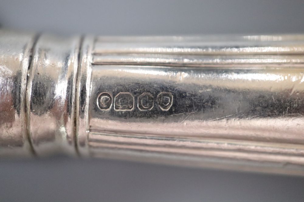 A matched set of twelve 19th century silver thread pattern table knives and a set of twelve pistol handles dessert knives.